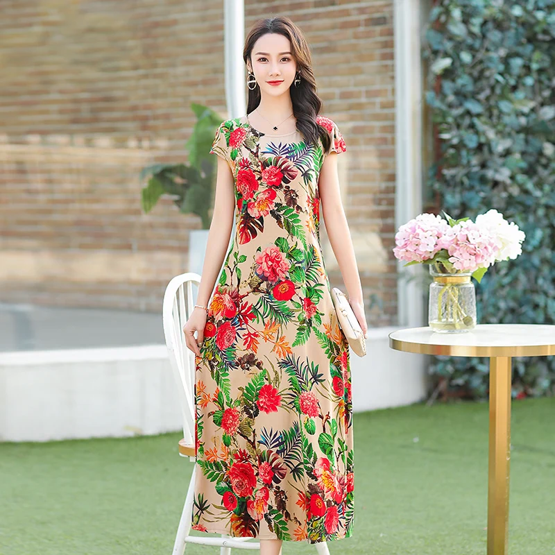 Женское винтажное платье повседневное длинное большого размера с принтом лето