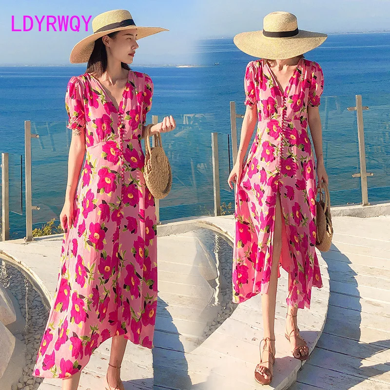 

2020 new V-neck high waist was thin temperament beach holiday floral dress women Knee-Length Office Lady Floral