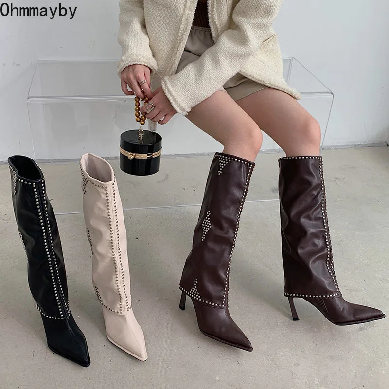 

Women Pointed Toe Trouser Boots Woman Knee High Booties Fashion Zipper Rhinestone Long Boots Autumn Winter Ladies Casual Shoes