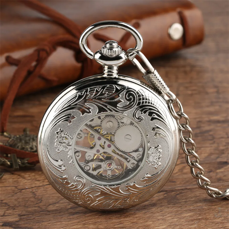

Silver Retro Hand Winding Mechanical Pocket Watch Roman Numeral Display Pendant Watches Vintage Punk Pocket Chain