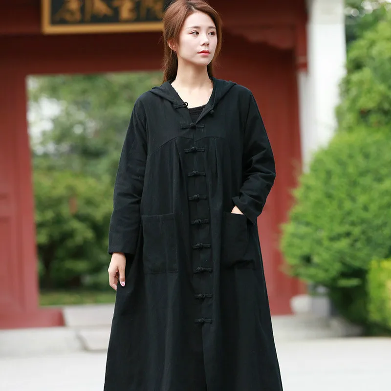 Женское винтажное пальто с капюшоном Черное длинное Тренч из хлопка и льна