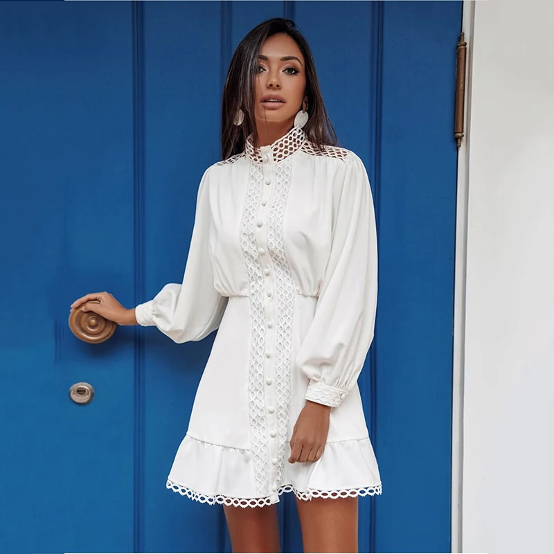 Женское винтажное белое платье 2020 с длинным рукавом на лето и весну элегантное