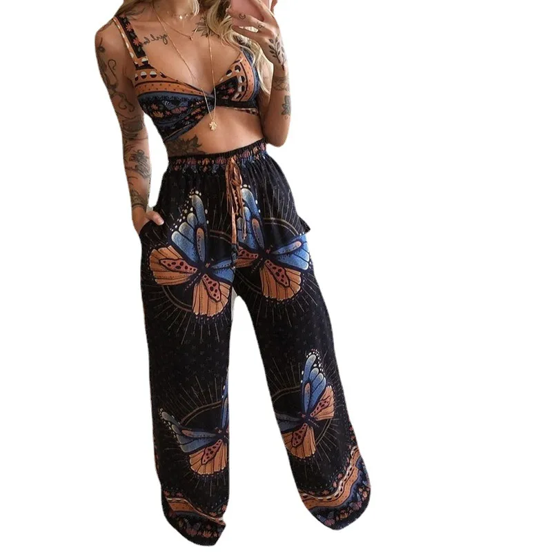 

2021 summer new sexy tube top loose wide leg pants two-piece suit