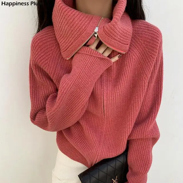 

Korean Chic Turn-down Collar Zip Women Sweaters Loose Casual Simple All-match Cardigans Solid Color Warm Knitted Jacket