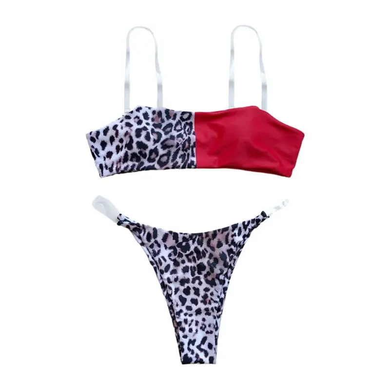 

Womens Sexy Bikini Set Color Block Leopard Patchwork Swimsuit Clear Straps Bandeau Bra High Waist Bottoms Beachwear