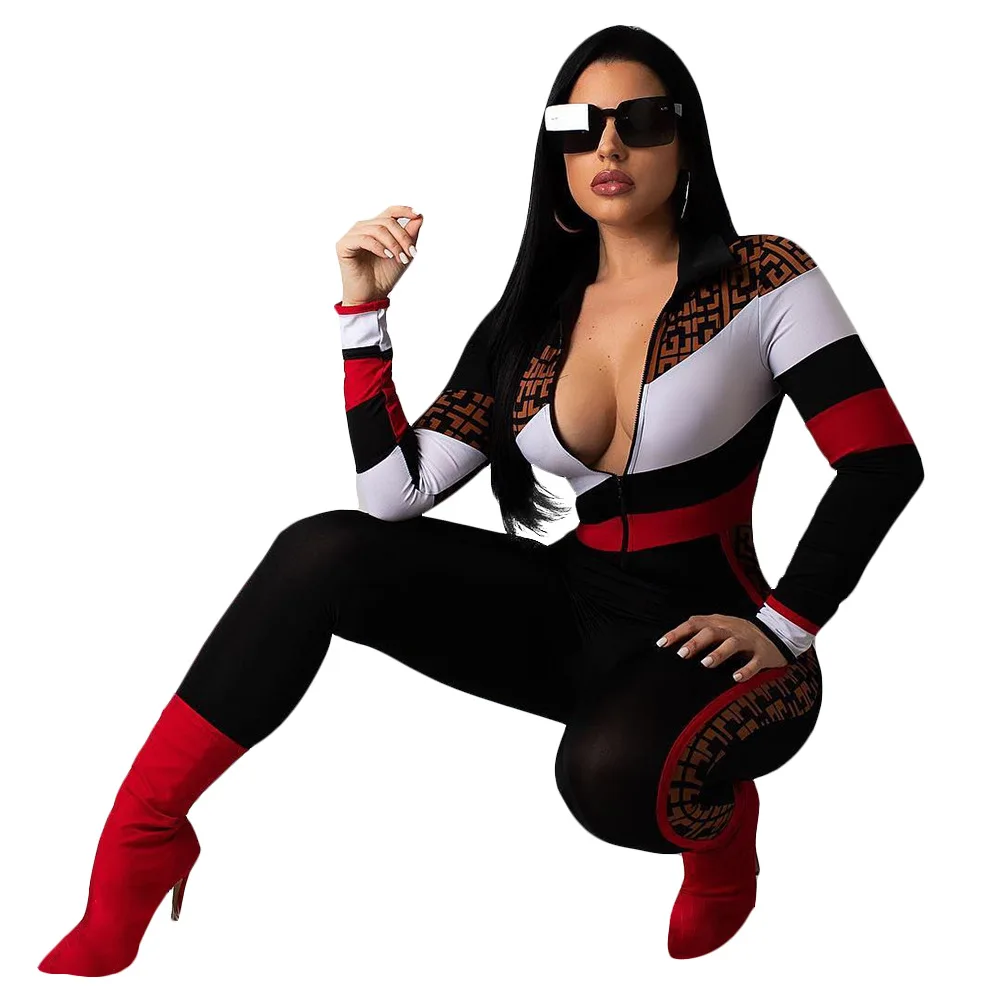 

European and American Fashion Women's 2021 Autumn New Products Casual Sports Jumpsuit Printing Long-sleeved Zipper Tights