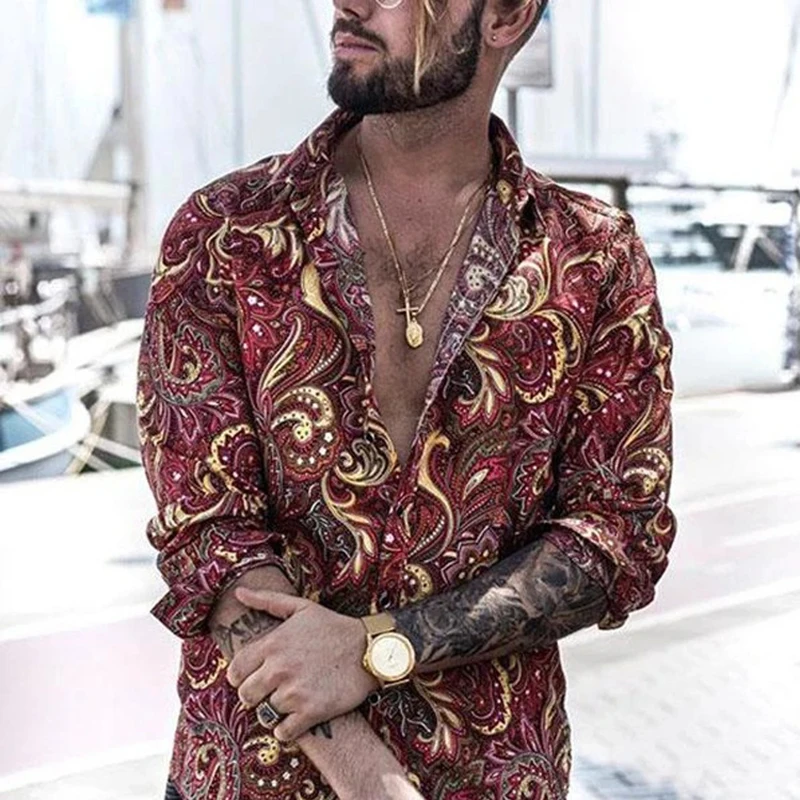 

2021 Summer Vintage Floral Printed Long Sleeve Shirts Men Autumn Lapel Buttoned Shirts Beach Casual Fashion Mens Tops Streetwear