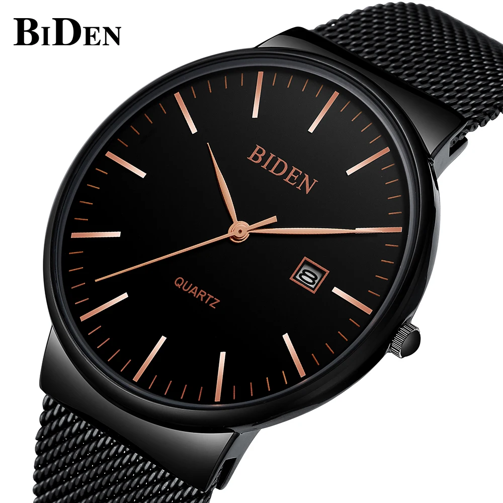 

BIDEN Fashion Black Golden Mens Quartz Watch 30m Waterproof Stainless Steel Mesh Band Male Watches Casual Business Date Clock