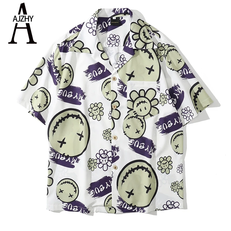 

Men Shirts Summer Daisy Hawaiian Shirts Button Up Harajuku Japanese Fashion Streetwear Funny Graphic Print Beach Shirt Tops