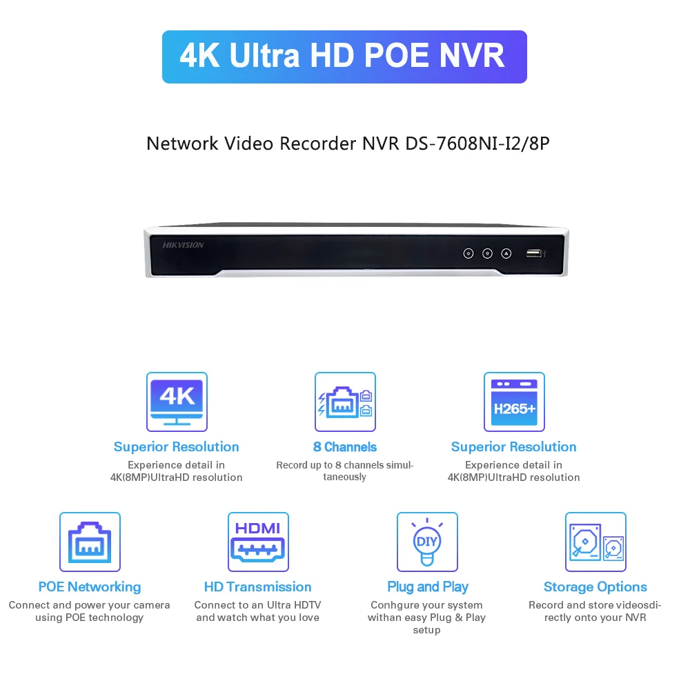 Hikvision 4K POE NVR DS-7608NI-I2/8P 8CH 2 Sata H265 + P2P CCTV для IP-камеры системы видеонаблюдения