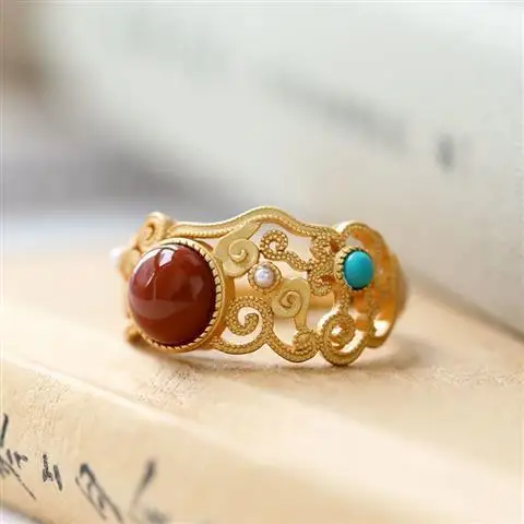 

S925 Sterling Silver South Red Ring Women's Retro Personality Court Ethnic Style Elegant Ornament