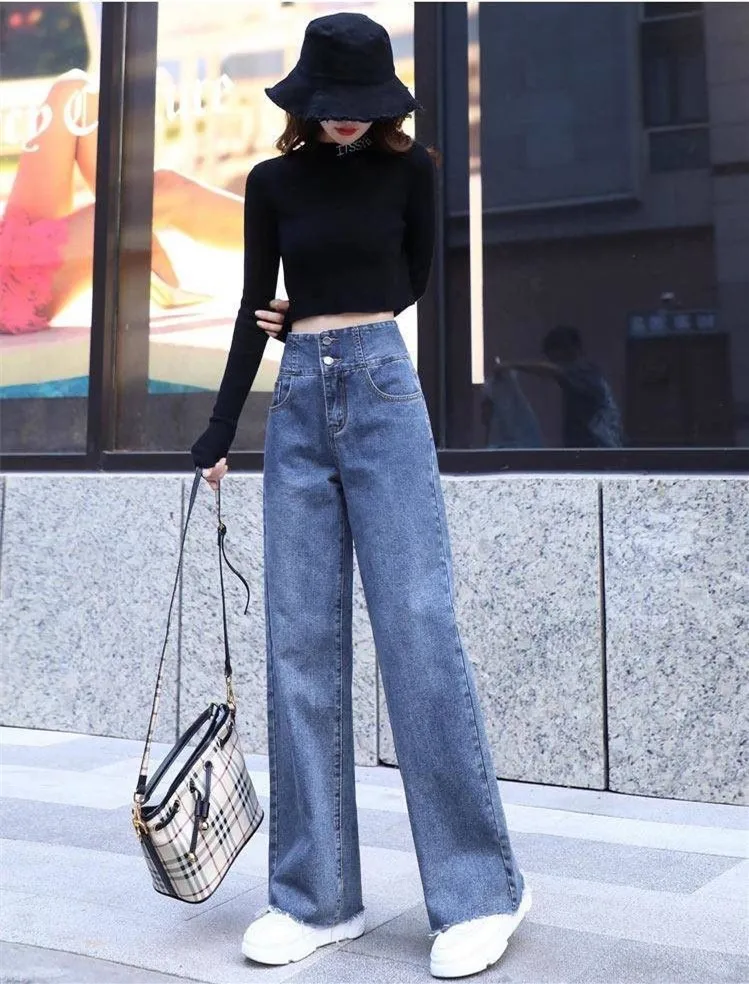 

Wide leg Jeans For Women Blue Loose Pants High Waist Casual large size straight pants Boyfriend Straight Mom Jeans Streetwear