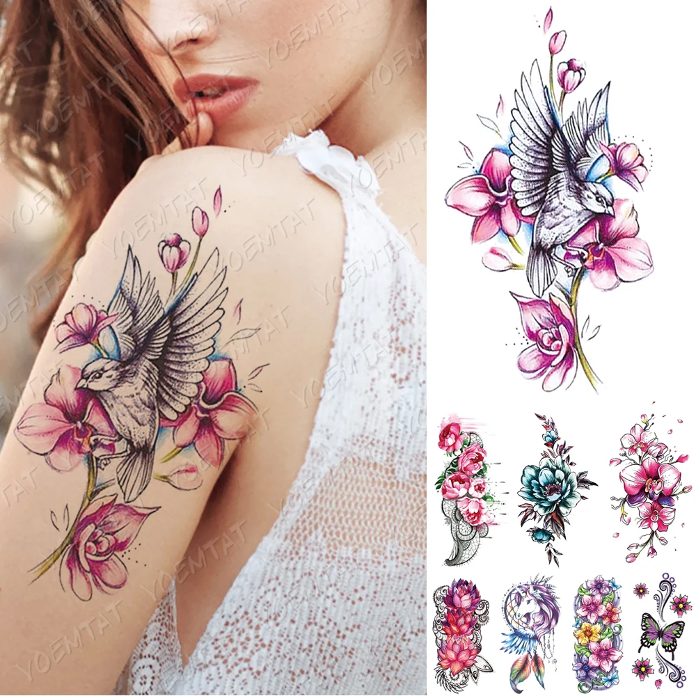 

Waterproof Temporary Tattoo Sticker Color Bird Feather Wings Flash Tattoos Unicorn Dream Catcher Body Art Arm Fake Sleeve Tatoo