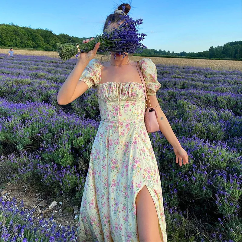 Robe Maxi froncée à manches courtes, imprimé floral, Vintage, Sexy, fente haute, soirée, boîte de nuit, moulante