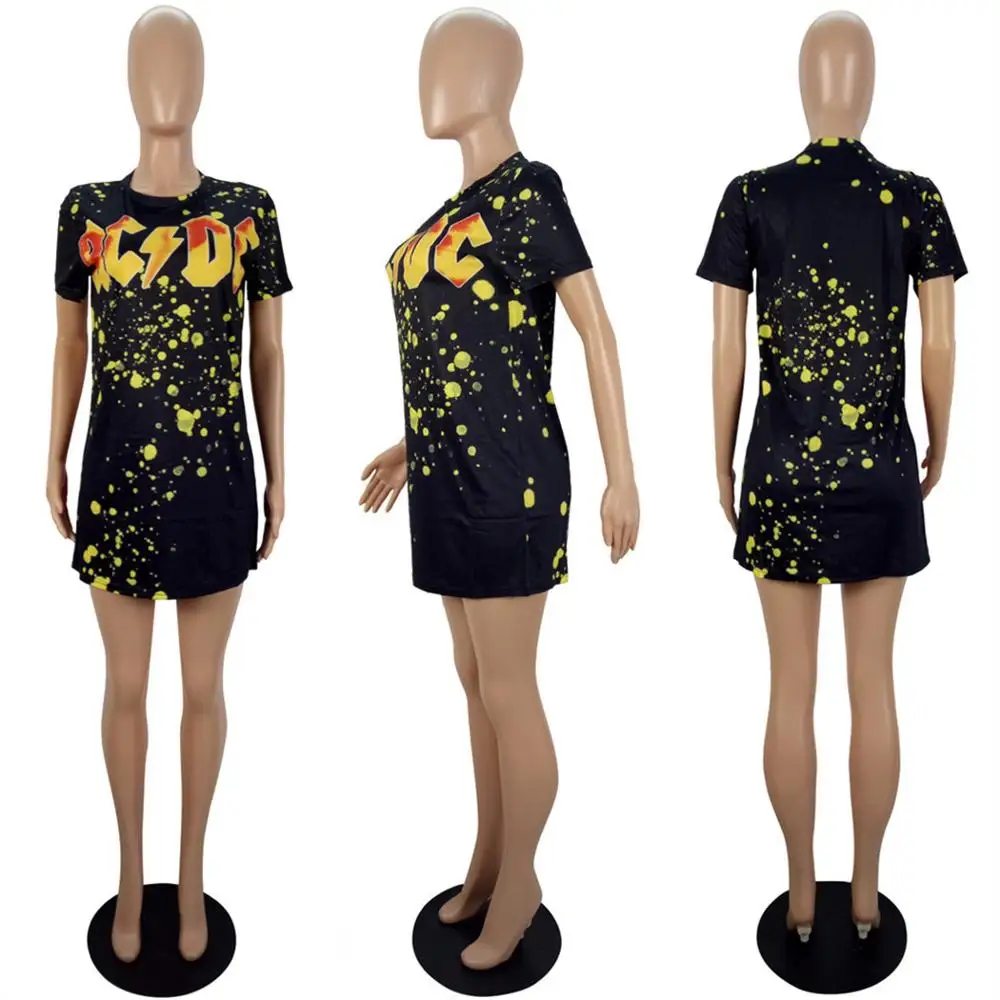 

women summer cute print T-shirt Dress sexy casual short sleeve black mini dress