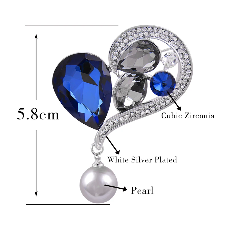 

SINLEERY Luxurious Blue Cubic Zircon Big Heart Grey Pearl Brooch Pin Women's Fashion Accessories 2021 XZ191 SSK