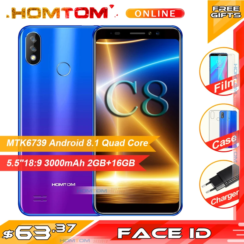 Смартфон HOMTOM C8 5 &quotHD + 4G 3000 мАч 2 Гб ОЗУ 16 ПЗУ Android 8 1 четыре ядра Face ID две задние