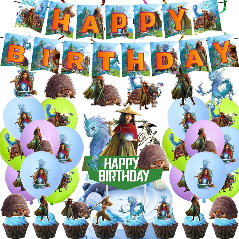 

58PCS Cartoon Set Birthday Holiday Party Tableware And Decoration Products Disposable Banners Balloons Spiral Cake Flags