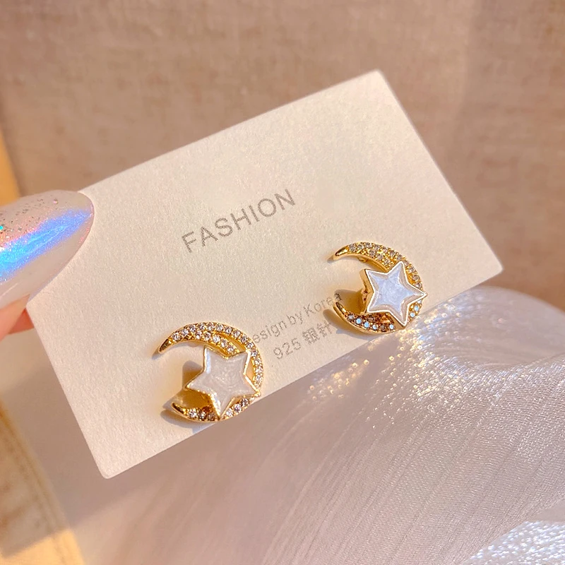 

Trendy Exquisite 14k Real Gold Moon Rotating Stars Earrings for Women Girl High Quality Jewelry AAA Zirconia S925 Silver Needle