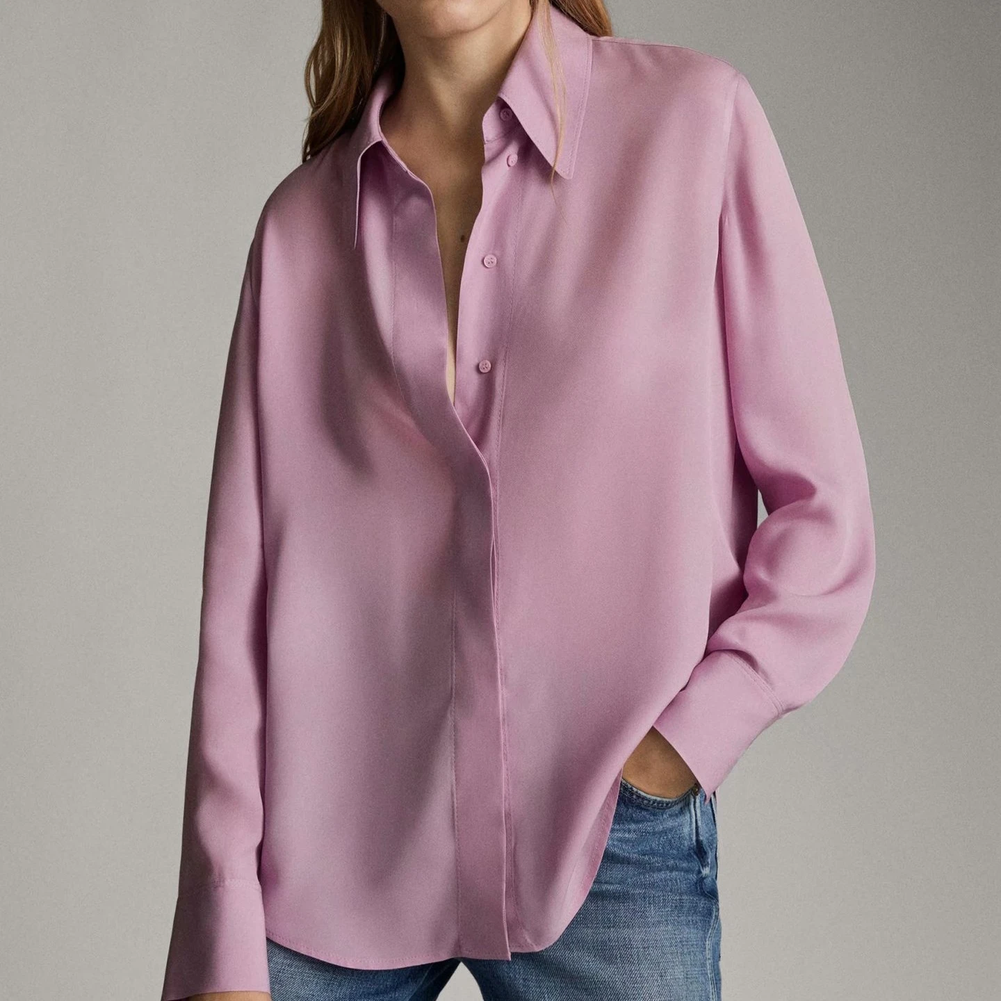 2019 Осенняя новая свободная розовая Фиолетовая рубашка на пуговицах с отложным