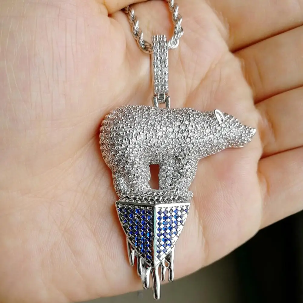 Iced OUT кубическая форма из латуни с цирконами полярный медведь ледник кулон