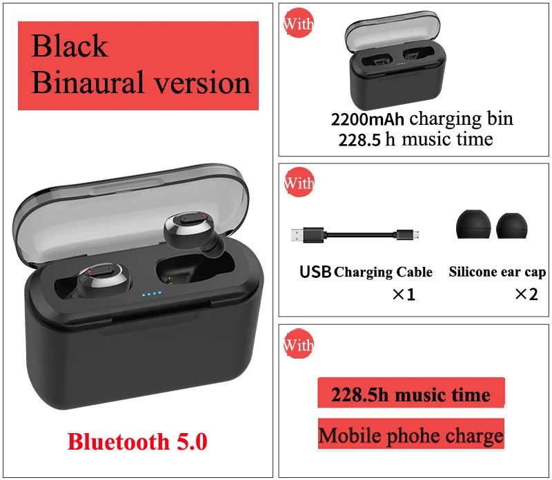 Binaural Black Tws беспроводные Bluetooth наушники 5,0 TWS 3D стерео Bluetooth гарнитуры мини-наушники с зарядным устройством - Цвет: Binaural Black