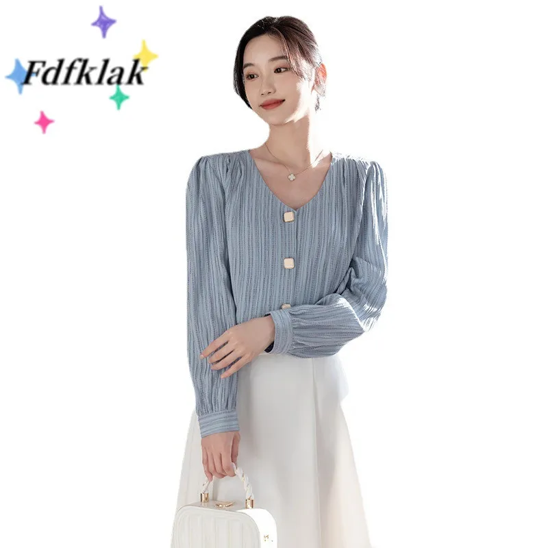 

Fdfklak 2022 Spring New Blue Three-Dimensional Striped Long-Sleeved Shirt Female Design Sense Niche French Retro Blouse Women