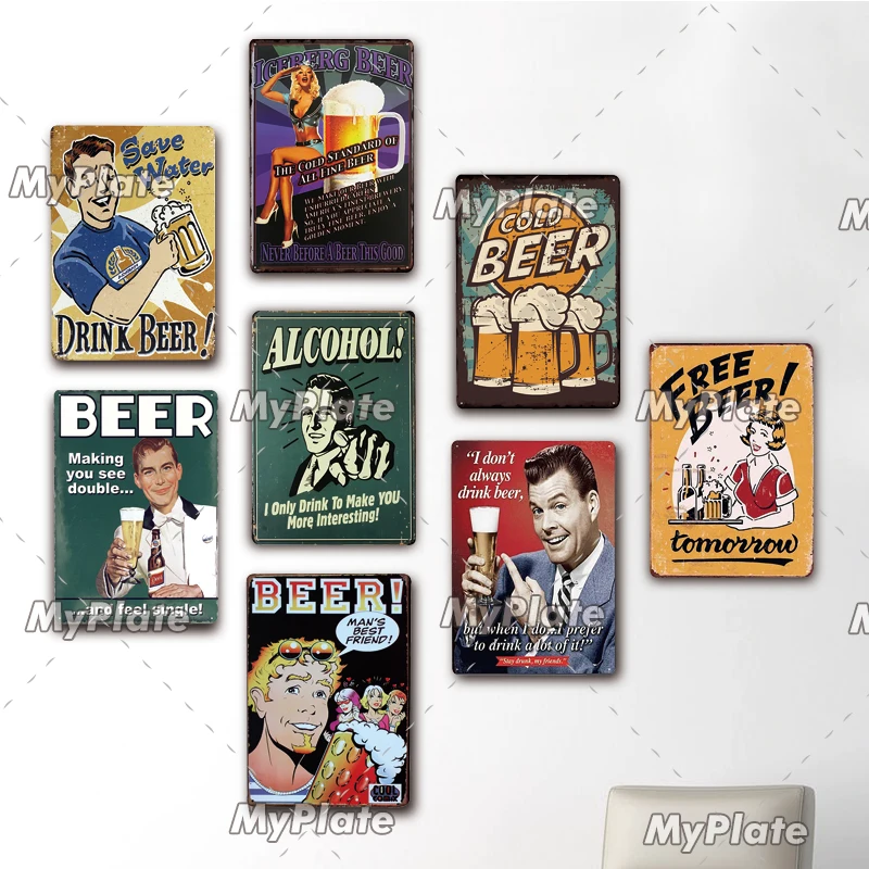 Металлическая табличка с надписью холодное пиво жестяная со спиртом настенный