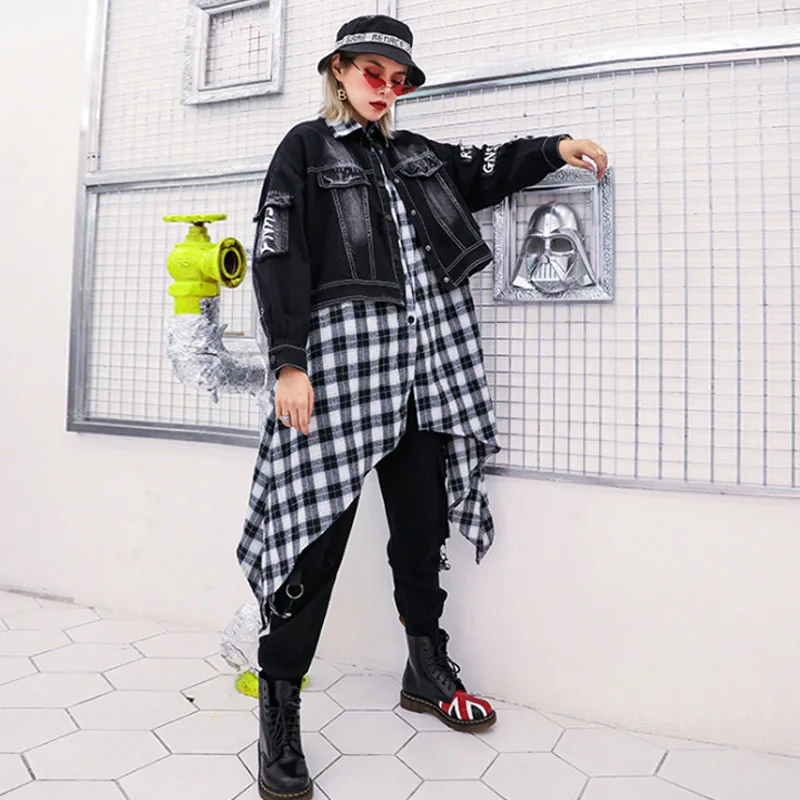

Women Plaid Two False Pieces Suit Trench New Lapel Long Sleeve Loose Fit Windbreaker Fashion Tide Autumn Winter 2019