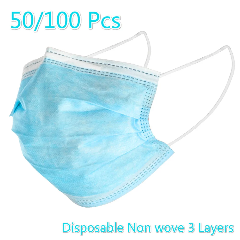 

50Pcs/100Pcs Mask Disposable Non wove 3 Layer Ply Filter Mask mouth Face mask Breathable Earloops Adult Masks for Dust