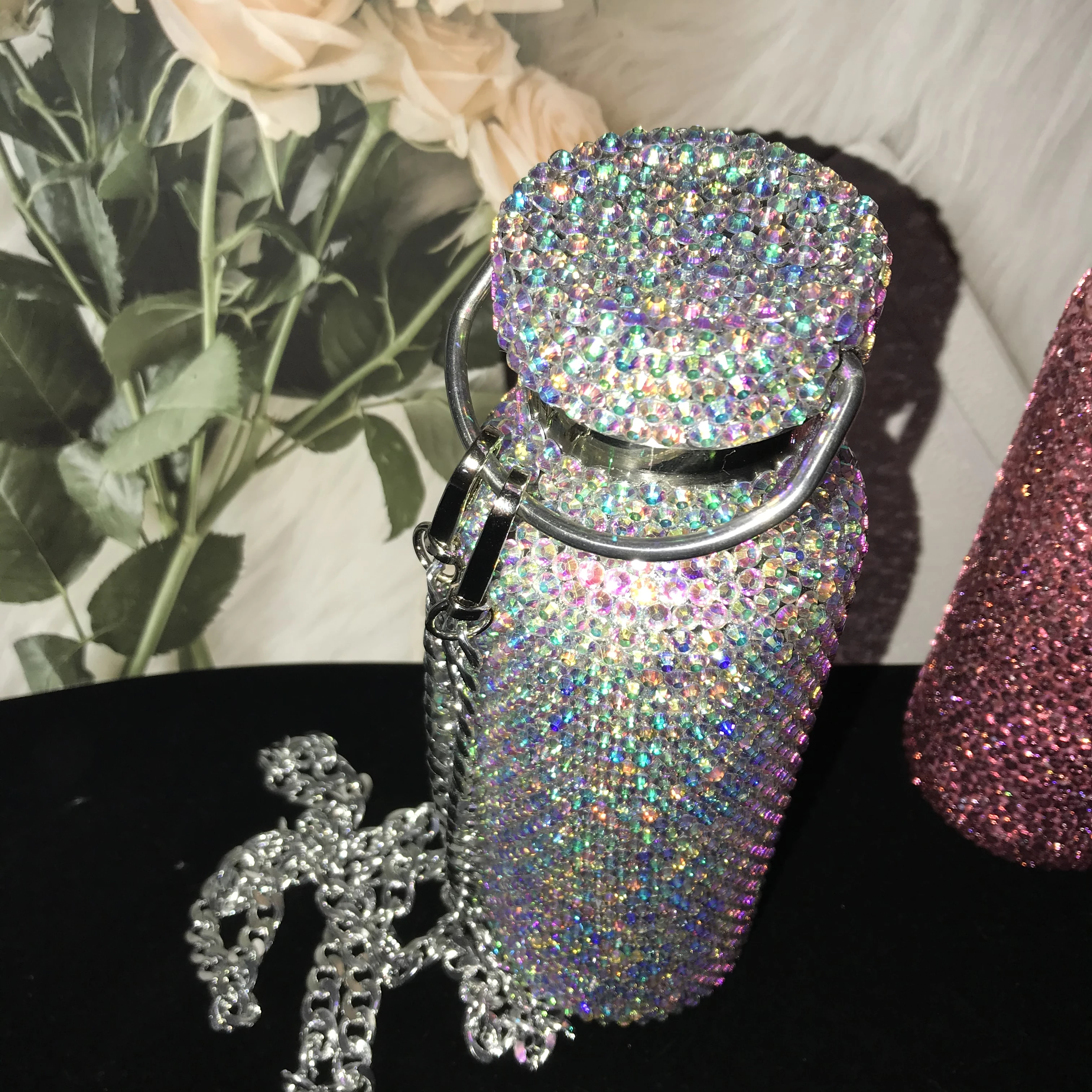 Цветной Алмазный термос с цепочкой на плечо бутылка для воды из нержавеющей