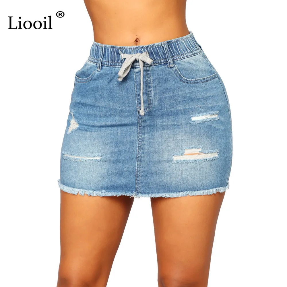 

Liooil Blue Denim High Waist Hole Mini Skirt With Pocket Women Clothes Streetwear Wash Distressed Drawstring Sexy Bodycon Skirts