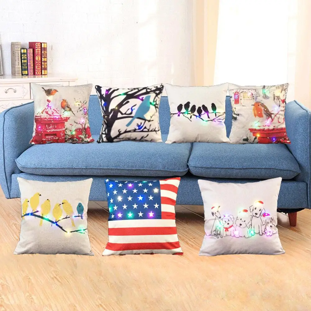 С принтом милой птички Подушка Чехол светодиодный освещение льняная Пояс