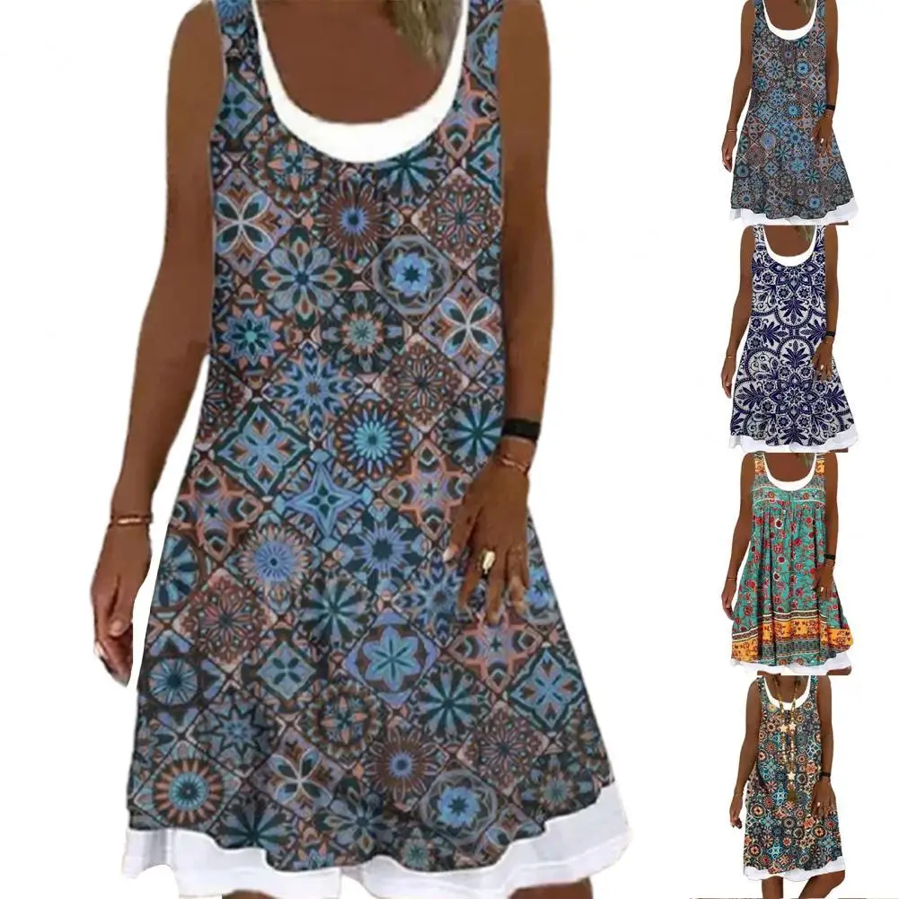 

Summer Midi Fashion Dress Digital Print Fake Two Piece Women Round Neck Sleeveless Soft Casual Simple Dress for Dating Party