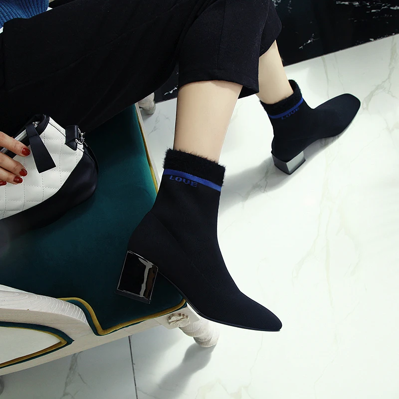 Aneikeh/Модные ботильоны с эластичными носками женские растягивающиеся ботинки на
