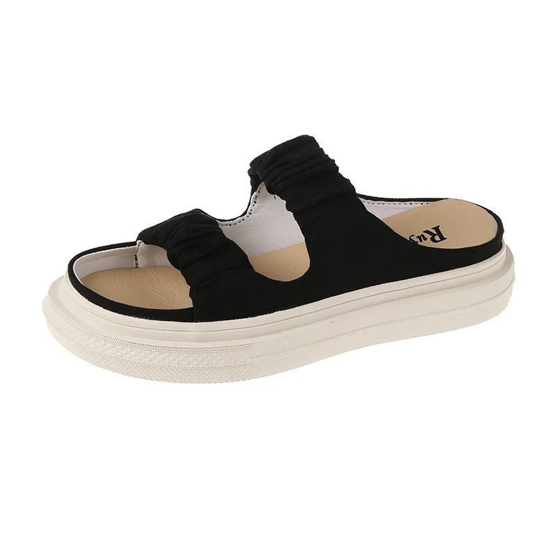 

2021 The Summer New Round Head Solid Color Flat-bottomed All-match Casual Slippers Women's Elastic Women's Shoes Trend