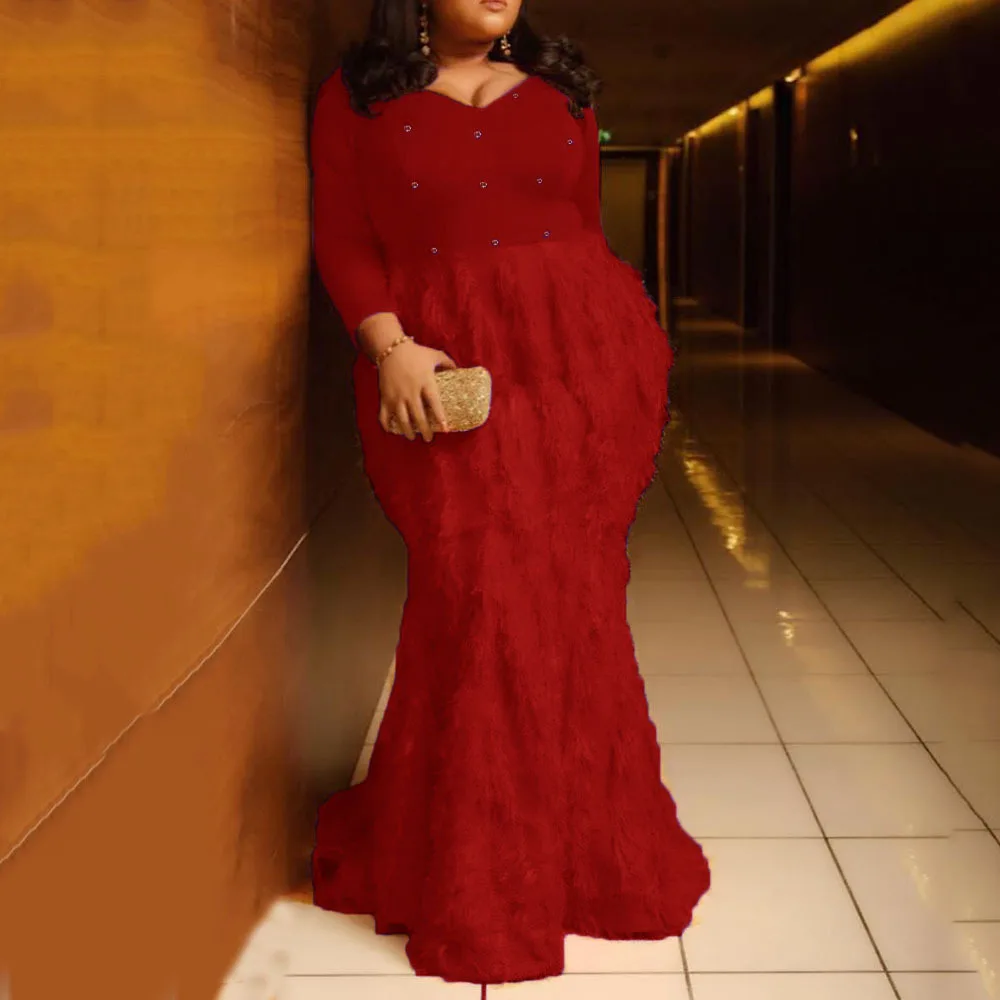 

2020 spring and autumn african women v-neck long sleeve plus size long dress