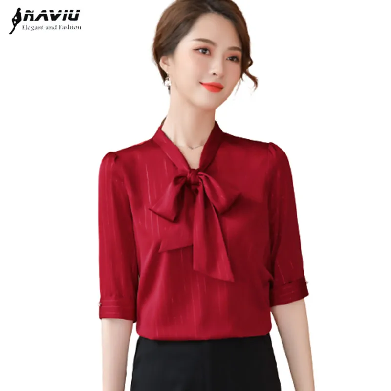Wine Red Chiffon Shirt Women Summer New Elegant Bow Slim Temperament Fashion Half Sleeve Stripes Blouses Office Ladies Work Tops