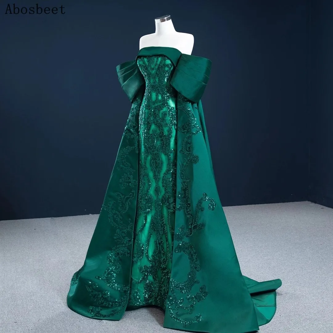 Green Satin A Line Evening Dress Off Shoulder Embroidery Lace with Beading Elegant Prom Party Gown Small Train Shining Sequins