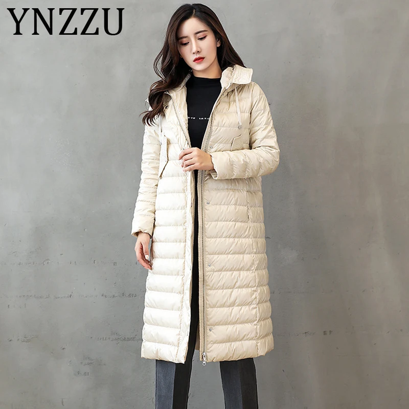 

YNZZU 2019 осень-зима элегантный женский пуховик однотонный длинный стиль с капюшоном 90% белый гусиный пуховик теплая женская верхняя одежда A1215