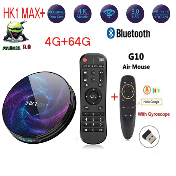 ТВ-приставка HK1 Max Plus RK3368PRO Android 9 0 поддерживает гигабитный порт lan bluetooth 4 4G 64G/128g 5g wifi