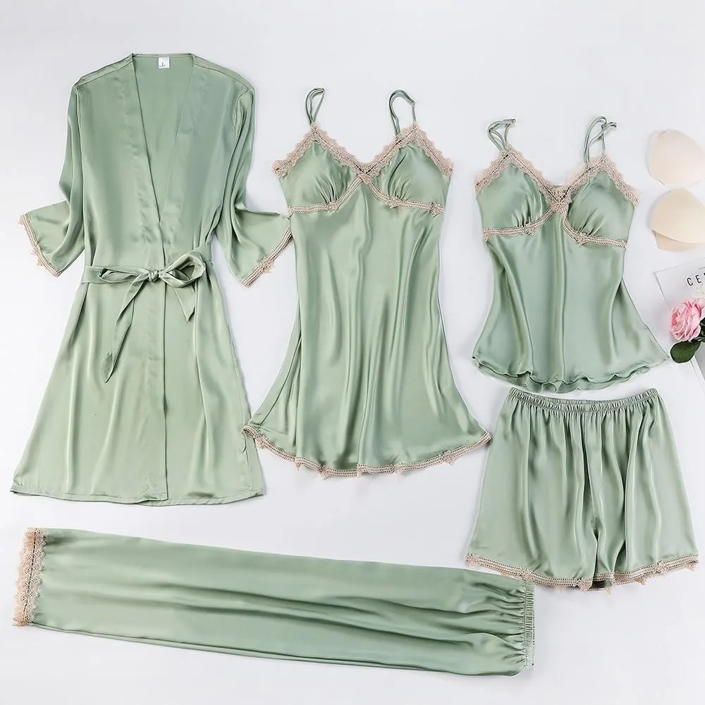 

Lace Robe Gown Sexy Women Sleepwear Satin Loose Kimono Bathrobe V-Neck Summer New Nightdress Casual Sleep Set Home Wear