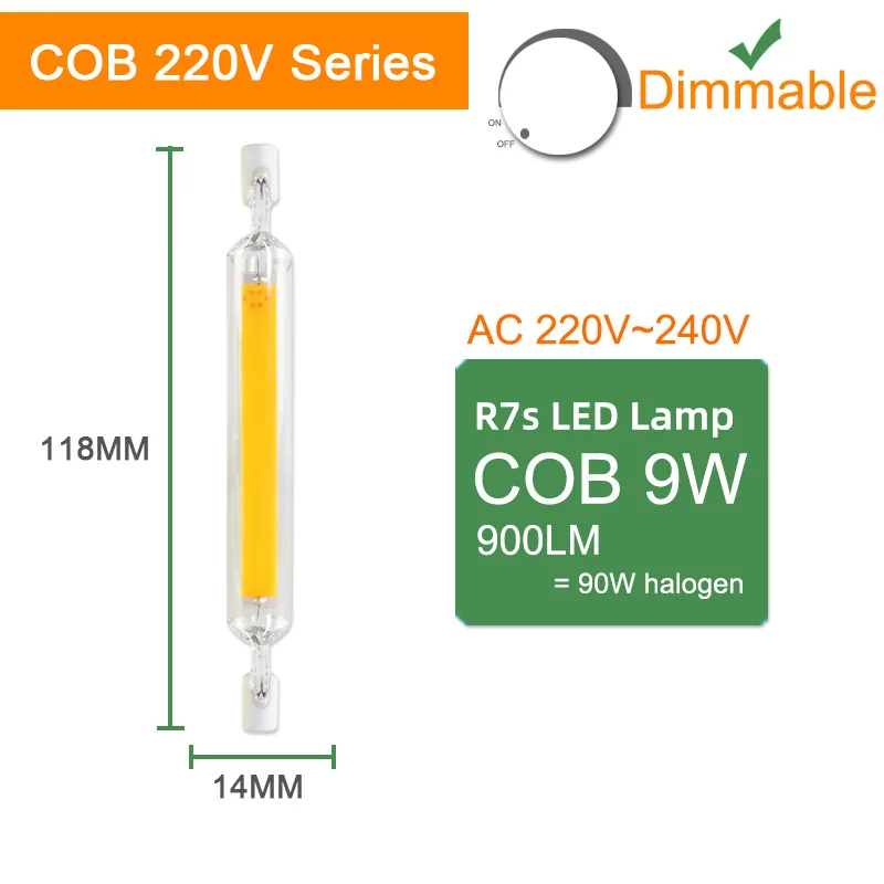COB 118mm 220V Dim Kaguyahime СВЕТОДИОДНЫЙ R7S лампа 6 Вт 9 Вт 12 Вт 220 В 110 В светодиодный светильник с регулируемой яркостью 78 мм 118 мм 135 мм заменить галогенный светильник Светодиодный точечный светильник - Испускаемый цвет: COB 118mm 220V Dim