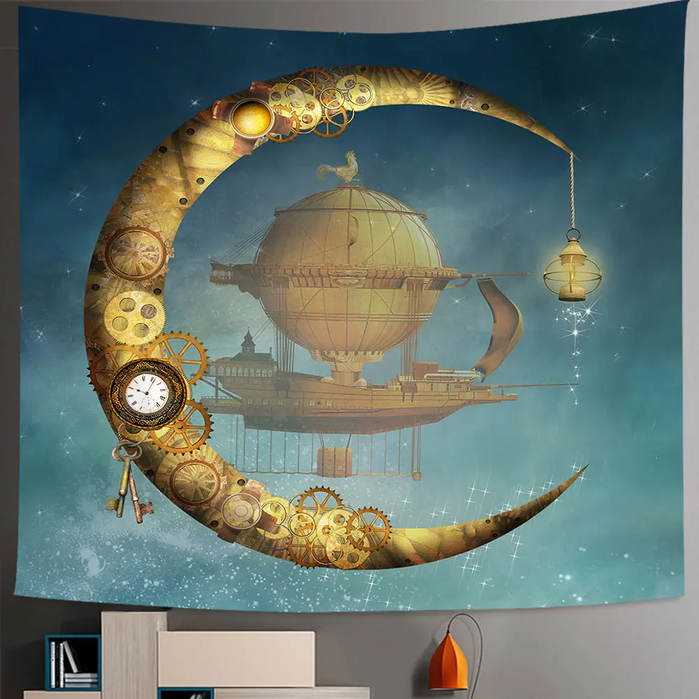 

Steampunk Gear Moon Lamp Boat Tapestry Hippie Wall Hanging Black Moon Villa Tapestry Ceiling Backdrop Home Decor For Living Room