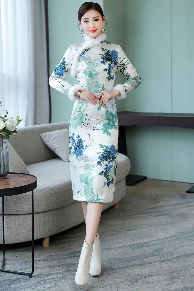 

Chinese Winter Qipao 2020 New Rabbit Fur Collar Improved Cheongsam Dress Quilted Thickened Warm Retro Elegant Slim Vestido y544