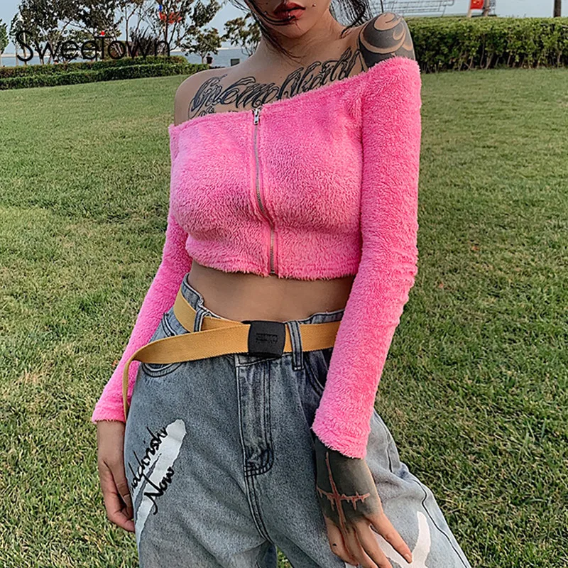 Sweetown 2019 Сезон осень Популярные модели Модные плюшевые футболки женская уличная