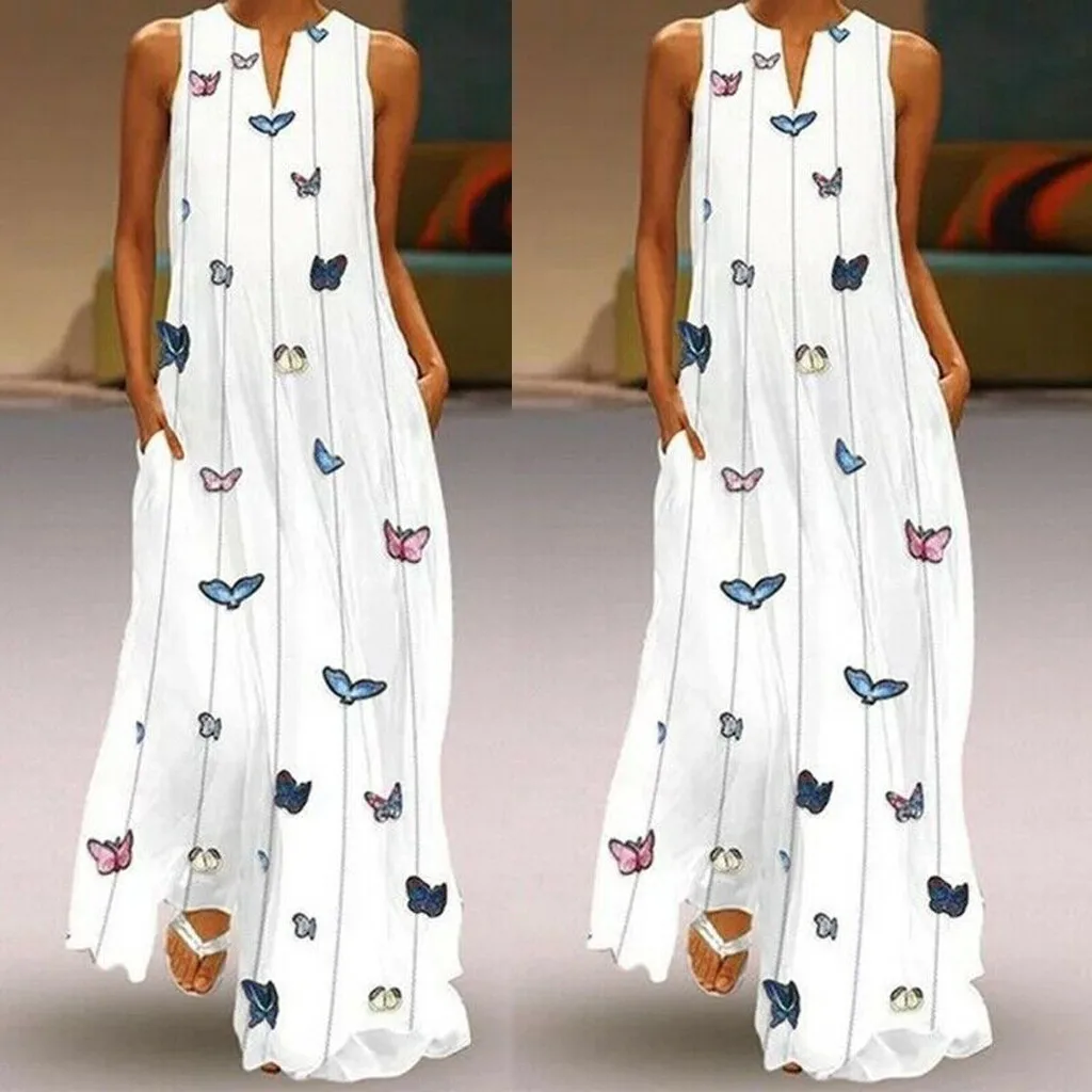 

Wear For Woman Comfortable Women Vintage Daily Casual Sleeveless Striped Butterfly Printed Summer Dress Free Shipping
