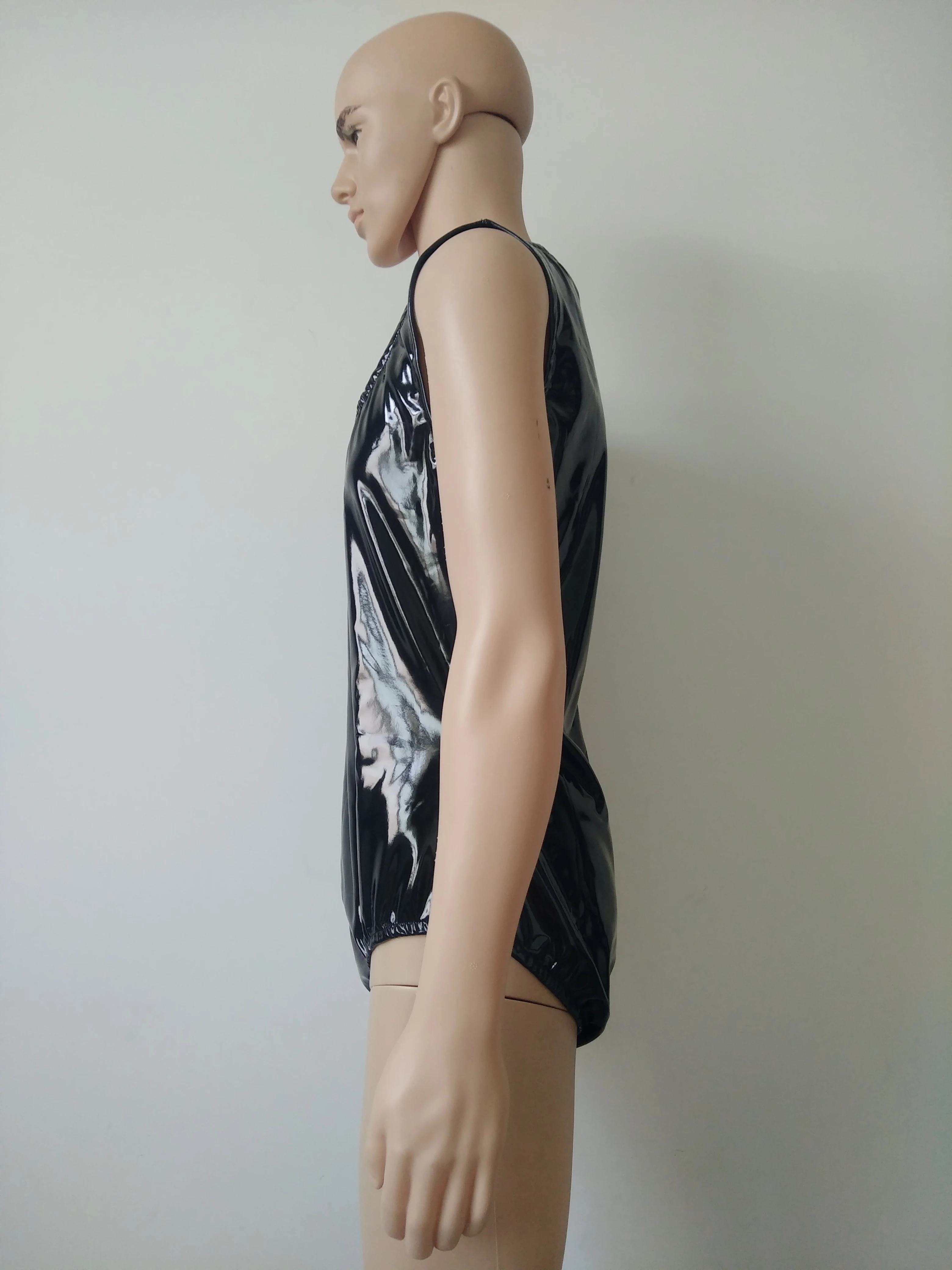 Латексные ПВХ латексный боди костюм топ с круглым вырезом мужская без рукавов