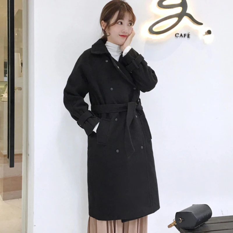 

Solid Trousers Woolen Sweater Woman Simple Long-sleeved Loose Double-breasted Coat Women Casual Lapel Slim Belted Jacket Women's