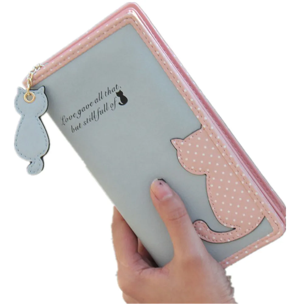 Мужской кожаный кошелек модный новый женский с кошкой длинный сумки